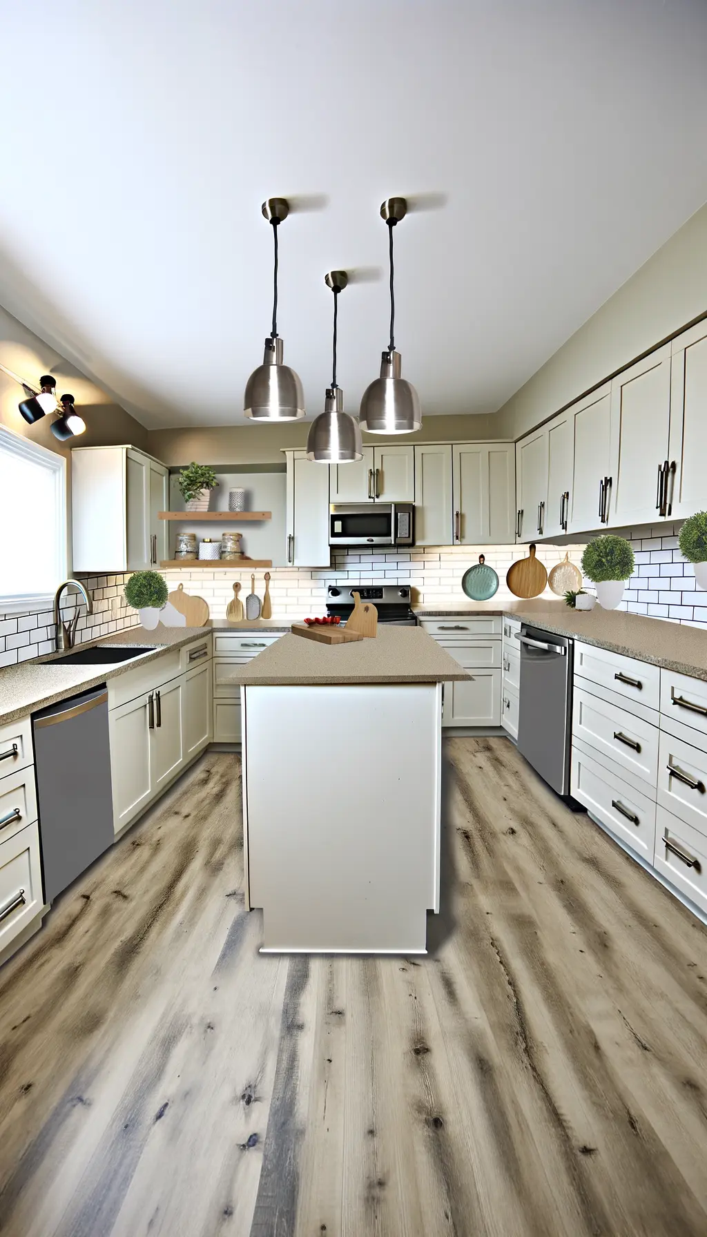 <p>Generate an image reflecting a modern and functional kitchen redesign. The redesigned kitchen is approximately 150 square feet featuring contemporary cabinetry with a matte white finish and brushed steel handles. At the heart of the room is an island measuring 4x3 feet with room for two seats and topped with a layer of granite. The backsplash is replaced with a subway tile pattern, and under-cabinet lights are installed. The room also features a farmhouse-style sink with stainless steel appliances. To make the room brighter, sleek pendant lights are hung from the ceiling. For finishing touches, potted plants and a wall-mounted spice rack are added to emphasise functionality and modern style.</p>