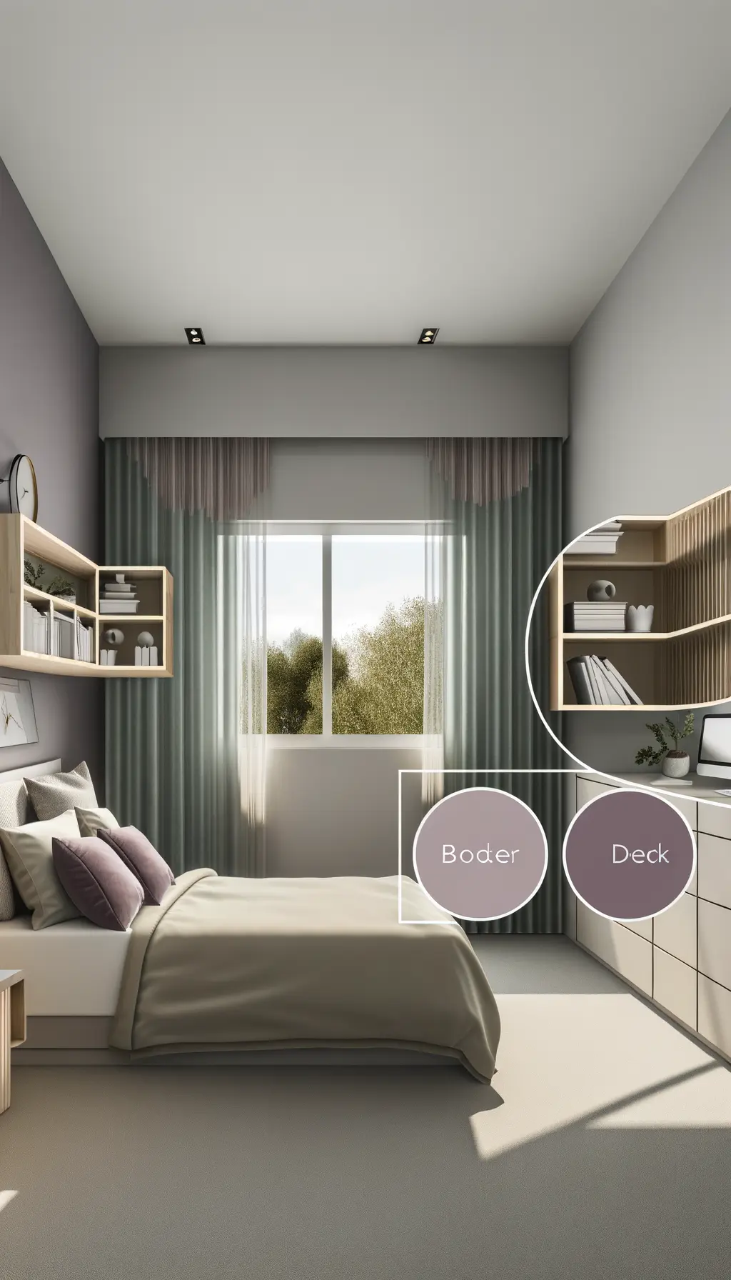 <p>Envision a modern, 10x12 feet bedroom that is free from clutter. This room features a built-in bookshelf and a comfy window seat positioned under a large window that has minimalist curtains. Include a stylish, space-saving desk paired with overhead shelving. The color theme of the room should be neutral tones harmoniously complemented with accents of lavender and green. Pay special attention to maximizing the utilization of natural light and optimizing the available space.</p>