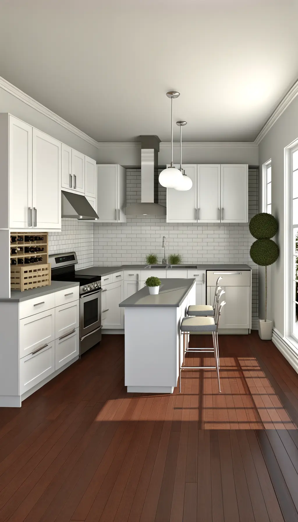 <p>Generate a highly realistic image of a modern, open kitchen design. The kitchen should feature sleek white cabinetry with minimalist yet aesthetic hardware and an island that has seating space and is highlighted by pendant lighting. The outdated fixtures are replaced by shiny stainless steel appliances and a backsplash composed of subway tiles. The flooring should be rich, warmly toned hardwood. Include a neatly arranged wine rack and a quaint herb garden placed near the window to enhance the fresh, natural atmosphere of the space. The kitchen's size is approximately 12x10 feet.</p>