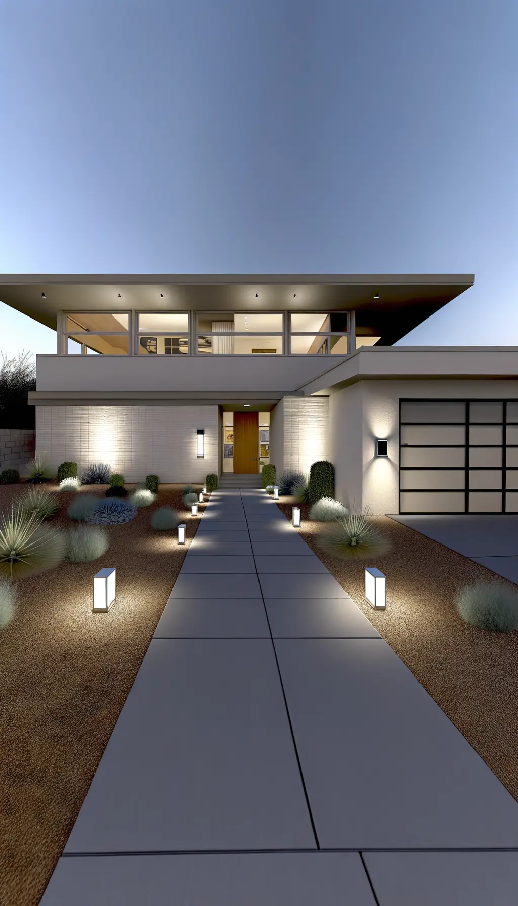 <p>Create a highly realistic image of a modernized exterior of a mid-century home. The structure is approximately 60 feet wide and 40 feet deep, featuring a sophisticated front yard and an updated pathway constructed from modern pavers that leads the way to the entrance. The landscaping has been updated as well, filled with low-maintenance desert plants, and accent lighting is installed to emphasis the architectural highlights. The facade of the house has been freshly painted in a neutral color palette with large windows featuring sleek frames. The design also includes a contemporary design garage door.</p>