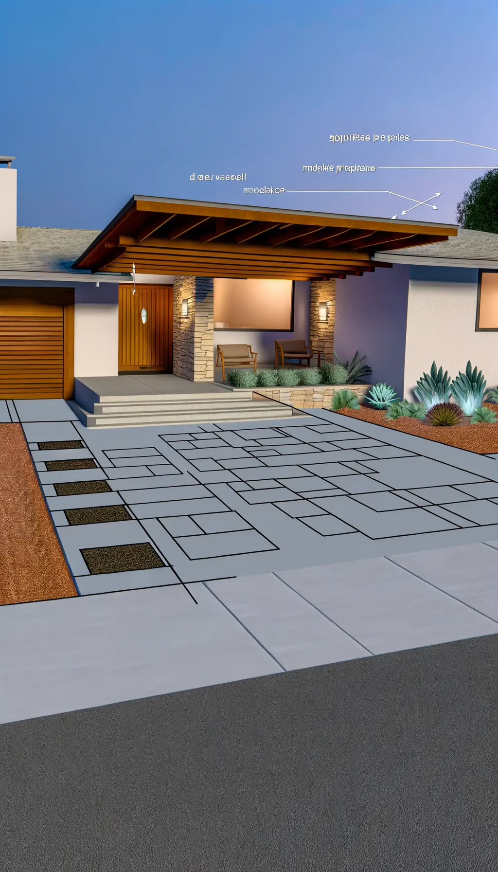 <p>Create a hyper-realistic image depicting the renovation of a mid-century, single-story home, keeping its original dimensions to an approximate 2000 square feet frontage. Modify the driveway using contemporary paving elements to make room for more cars. Highlight the entrance with a chic, wooden pergola above the main door, making it more inviting. Include landscaping features that consist of drought-tolerant plants and carefully arranged outdoor illumination. Also, present a small seating space near the main entry, providing a space for relaxation and social gatherings.</p>