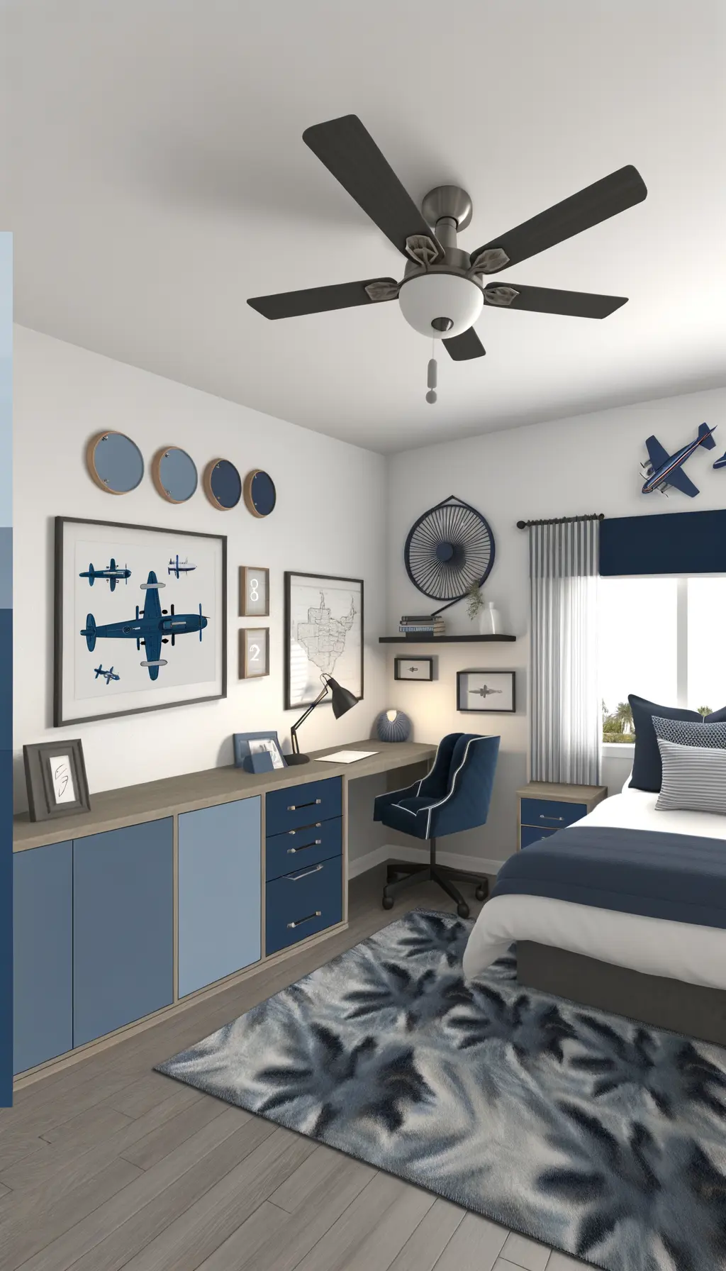 <p>Create an image of a contemporary, coastal-inspired 15x12 feet bedroom redesigned within a budget under $5000. The colour scheme is dominated by shades of blue, gray, and white. The room is embellished with aviation-themed decorations mingled with a modern desk area by the window, forming a multifunctional space. A comfortable navy blue reading nook with stylish shelving is stationed near the window. The room also has a minimalistic bed with built-in storage. The design layout is open and chic, outfitted with soft lighting fixtures, tasteful aviation art and efficient storage solutions. The ceiling portrays a modern fan with subtle nautical elements integrated into its design.</p>