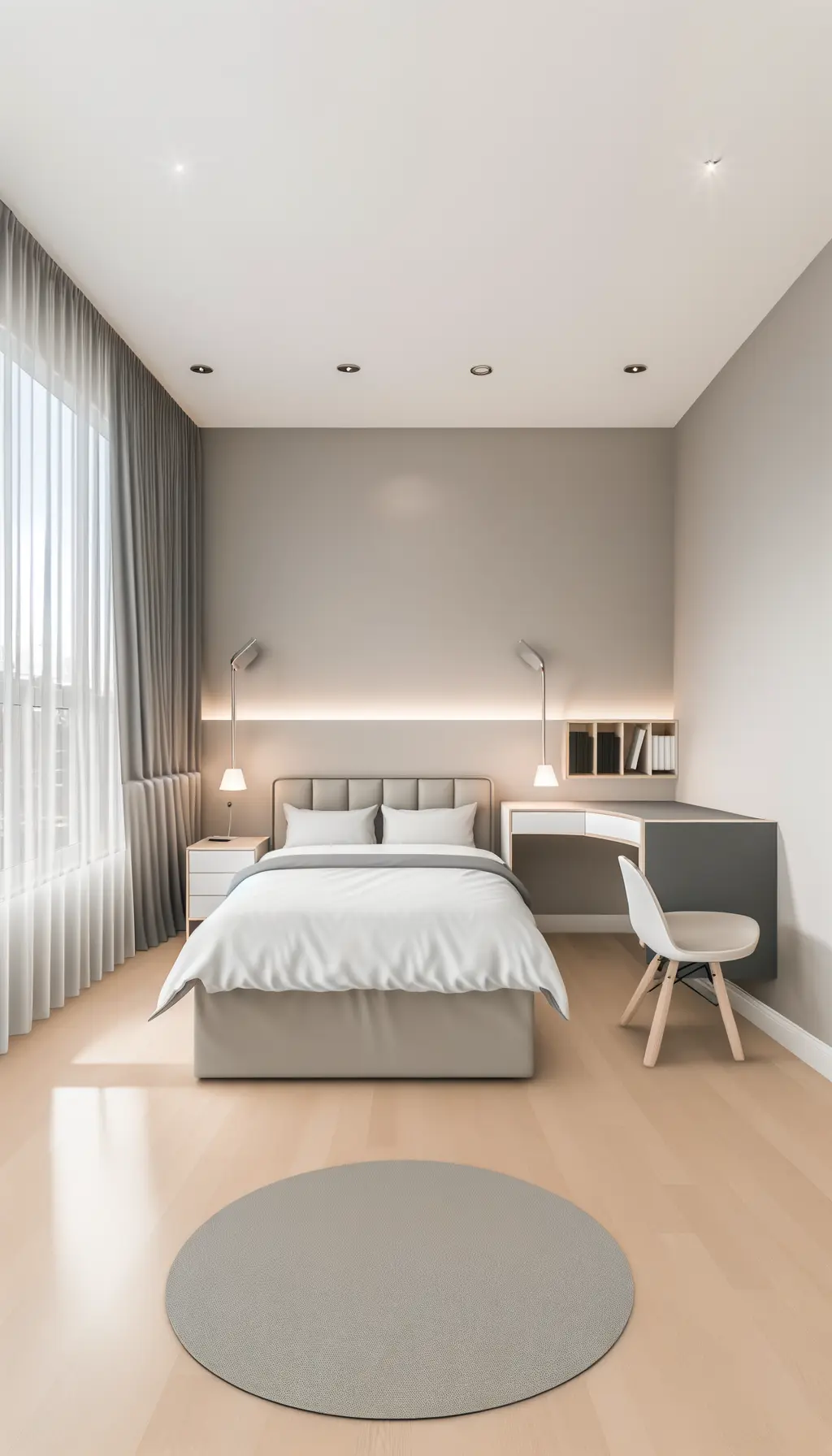<p>Create an image of a cozy and modern bedroom that is approximately 12x12 feet. The bed is located against the far-left wall, blessed with a stylish, minimalist headboard. To the right, there's a sleek, compact desk that is optimized for smaller spaces and features a built-in bookshelf. The room is painted with light colors to emphasize the sense of space and light. Sheer curtains replace the traditionally heavy drapes, ushering in an airy feel. There are low-profile bedside tables in the room, topped with ambient light fittings.</p>