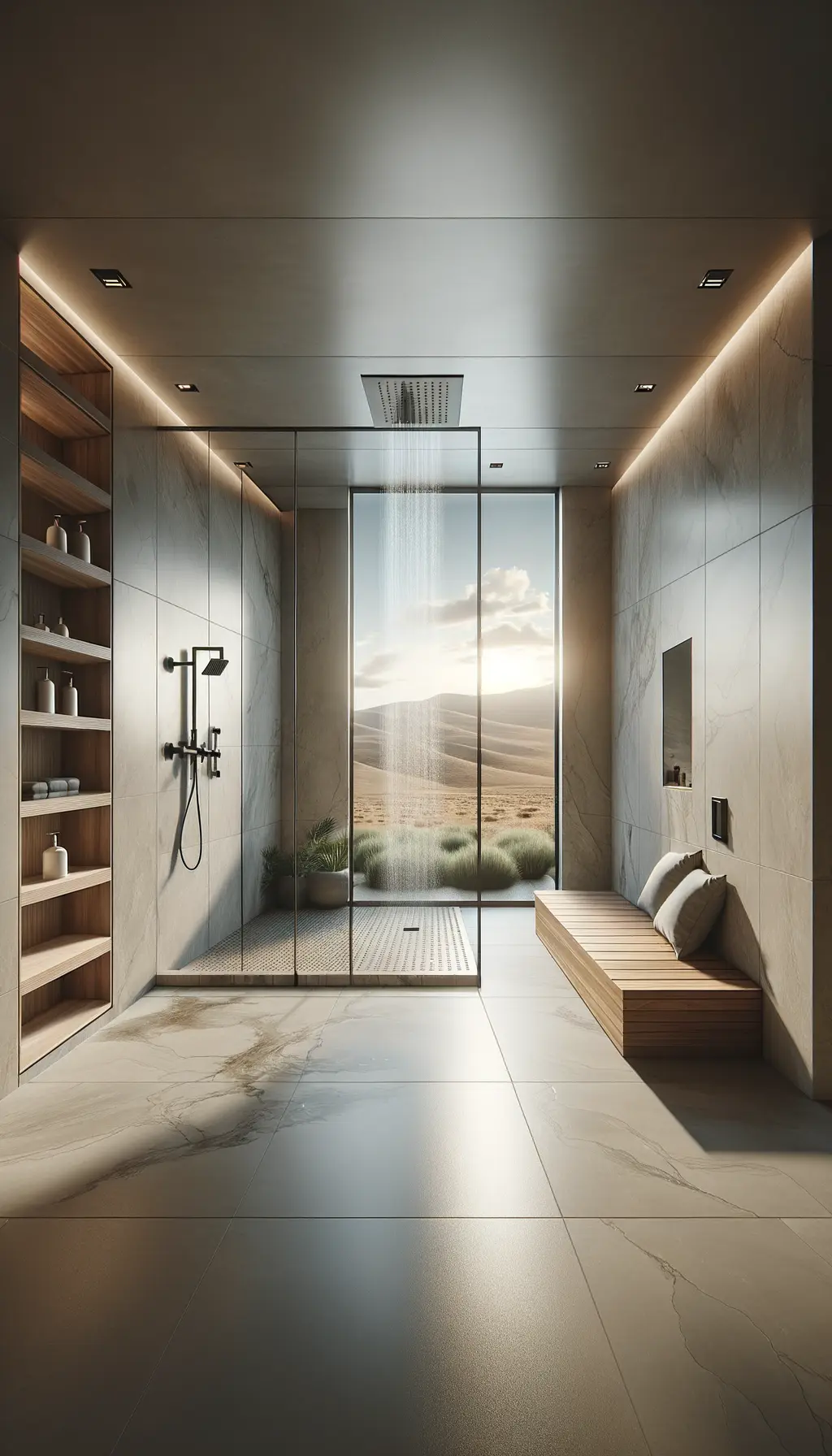 <p>Visualize a luxurious walk-in shower, approximately 5 feet by 4 feet. The shower is surrounded by floor-to-ceiling windows, revealing a captivating view of a vast desert landscape. The interior design features marble tiling in neutral tones on the floors and walls. Include a floating teak wood bench on one side which measures about 2 feet wide. In the midst of this setup, place an elegant rainfall shower head along with sleek matte black fixtures. Further, add recessed shelving for toiletries and a built-in LED mirror to pack a punch of sophistication. The room is well-lit by natural light filtering down from a skylight above, creating an ambiance that is modern, minimalistic, and reminiscent of a spa.</p>