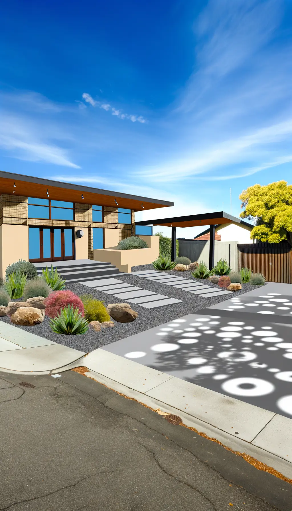 <p>Generate a hyperrealistic image of a transformed mid-century modern house with an updated facade. It features large windows that allow plenty of natural light into the interior. Present newly landscaped surroundings that are filled with indigenous plants. The driveway is enlarged and boasts modern paving stones. The entrance of the home is emotionally appealing with a fashionable pergola. Artistic elements are tastefully scattered throughout the area. The spot measures approximately 30 feet wide and 20 feet deep.</p>