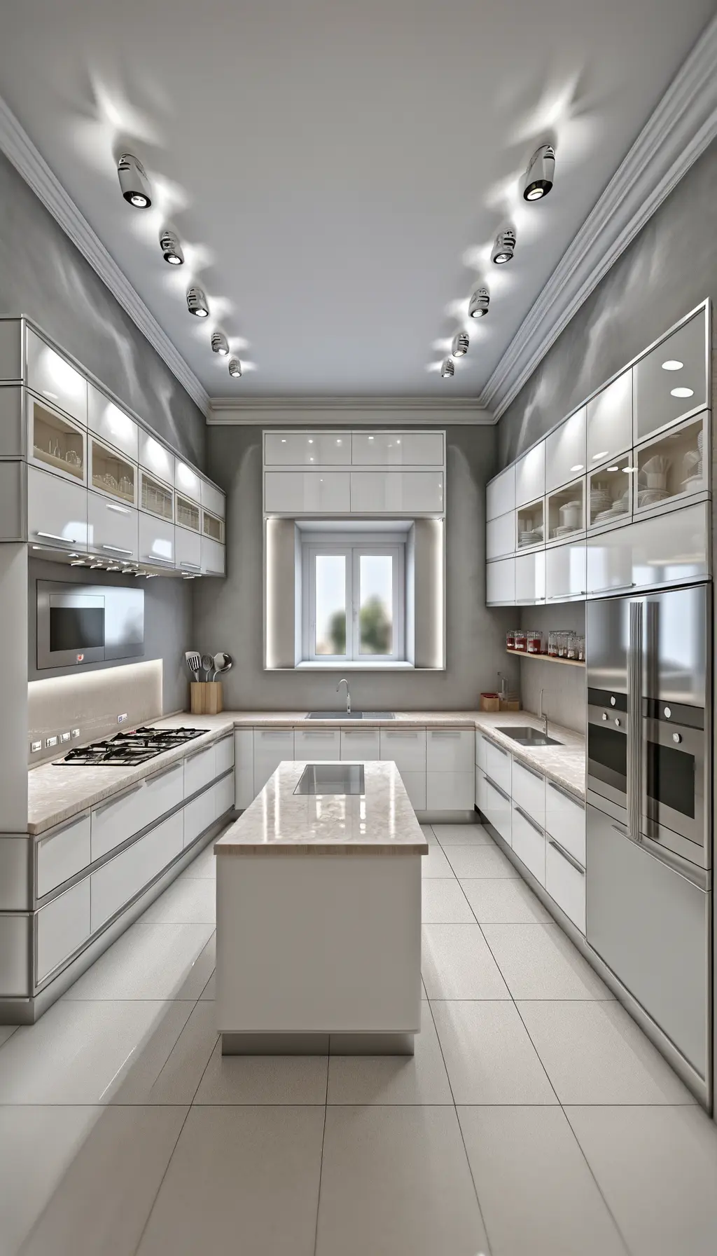 <p>A highly realistic depiction of a modern, compact but well-organized kitchen that maximizes space utilization with an improved design. It showcases gleaming white cabinets that reach the ceiling offering additional storage, premium stainless steel appliances, and a polished marble countertop. A central island provides seating for two. The walls are adorned with a soft, neutral grey paint that harmonizes with the cabinetry. The lighting setup incorporates discreet LED recessed lights and practical under-cabinet lighting. The window is enlarged, designed for energy efficiency and increased natural light inflow. The total area of this kitchen is approximately 12 x 10 feet.</p>