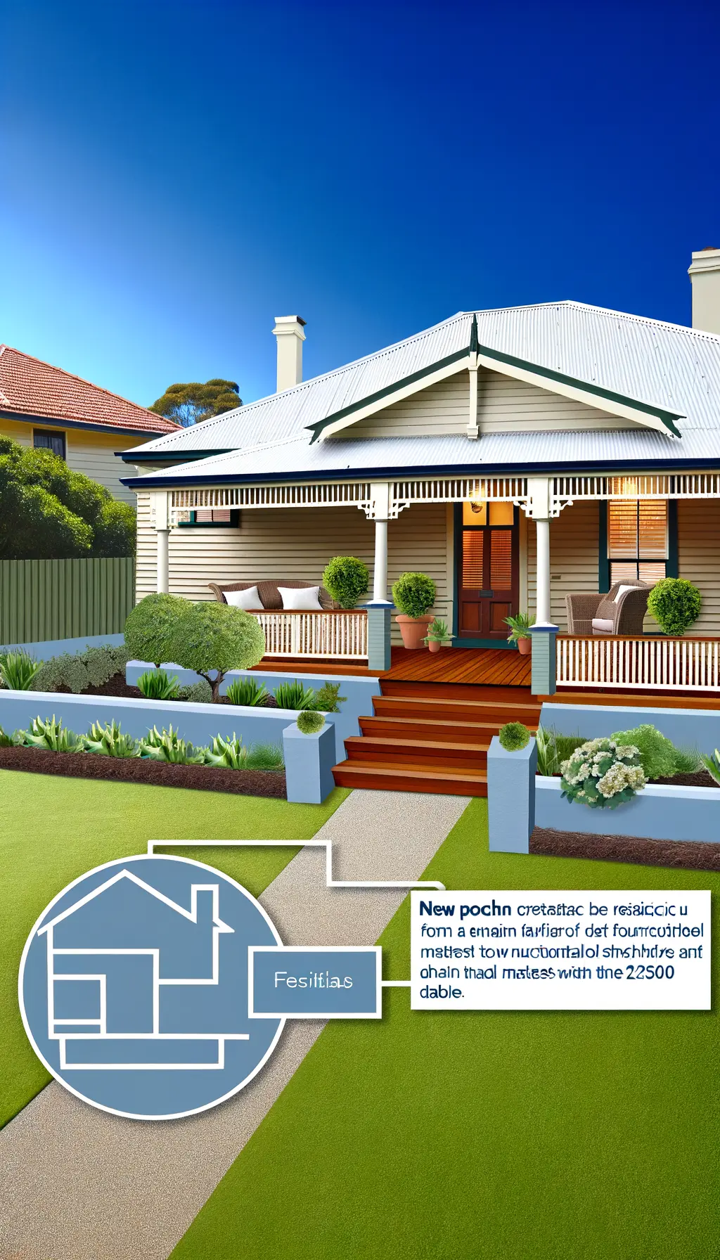 <p>Create a realistic image of a renovated suburban home. The exterior revamp should boast a new front porch extending 6 feet from the main entrance, reinforced by a wooden deck, white pillars, and a gabled roof that matches the house's original architectural style. Facilities include a compact sitting area furnished with two chairs and a table. The facade should be made attractive with a fresh application of light-toned paint, enhanced by contemporarily designed outdoor light fixtures. Border the porch with easy-to-maintain landscaping, embracing shrubs and a petite flowerbed. A meticulously trimmed lawn with a novel stone path guided to the porch should be portrayed. Creative ideas should align with a budget above $25,000 and feasible within a time frame of 1-3 months.</p>