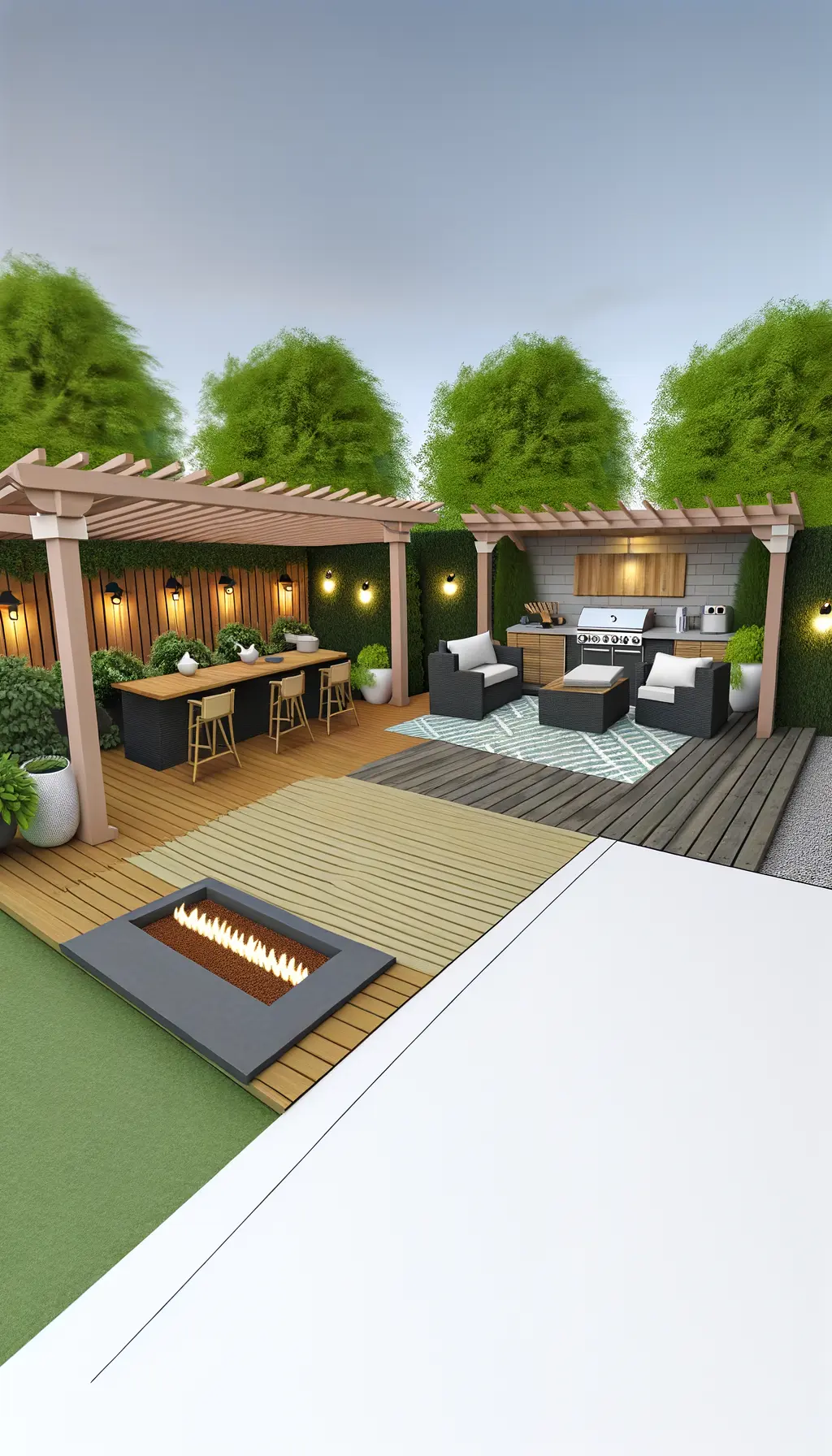 <p>Create a highly realistic image of a redesigned outdoor patio area of approximately 10x7 feet, meant to provide both function and aesthetics. The design includes a wooden deck with its own built-in seats. The area is enhanced with modern outdoor lighting fixtures and an array of greenery. Add to the scene a cozy, covered outdoor kitchen area, complete with a built-in barbecue grill. A pergola, providing a pleasant shade over the entire scenario, is situated at the perimeter of the space. For an additional touch of modernity and comfort, a fire pit is placed at the center of the setup.</p>