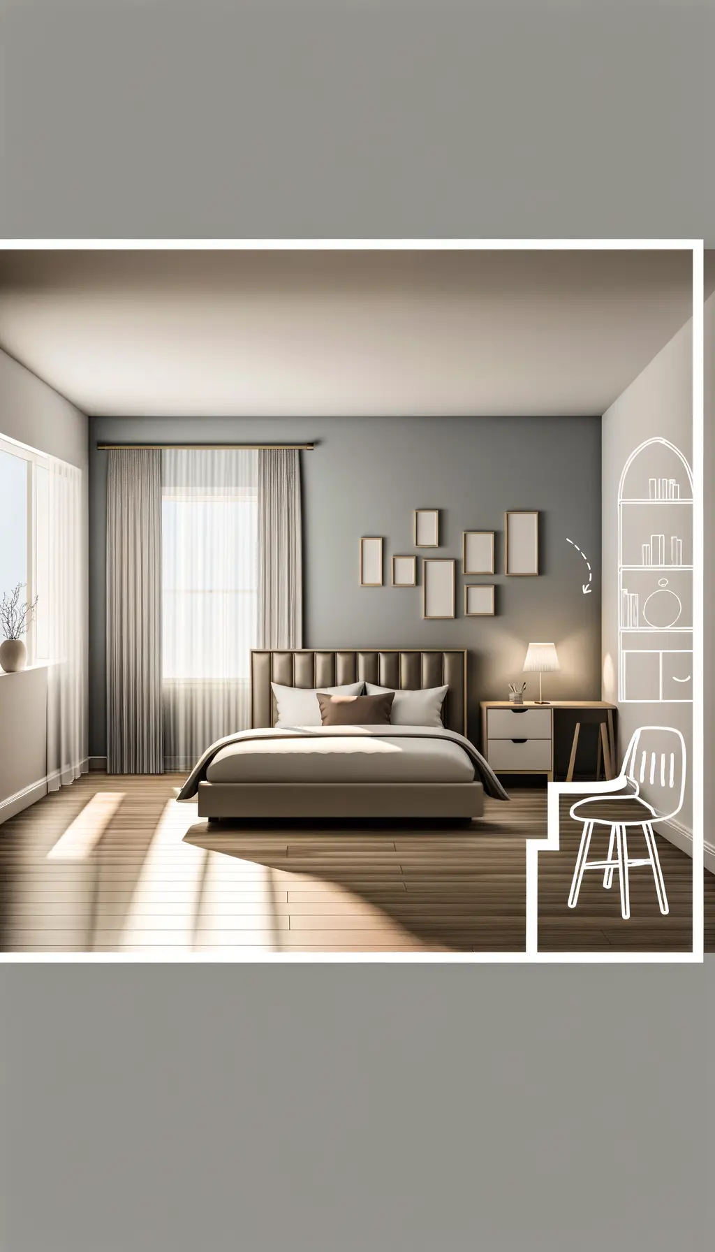 <p>Create a detailed image of a cozy bedroom that's approximately 12x15 feet. Visualize a queen-size bed with a modern headboard placed against the far wall. The floor should be sleek and made of wood. One wall should be a light gray accent wall adorned with decorative art pieces. To the right, depict a functional study spot comprising a small desk and some shelves. Near a sunlight-filled window, picture a comfortable reading chair coupled with a lamp for evening reading. The ambience should be enhanced by soft, ambient light and sheer curtains hanging by the window for a serene feel.</p>