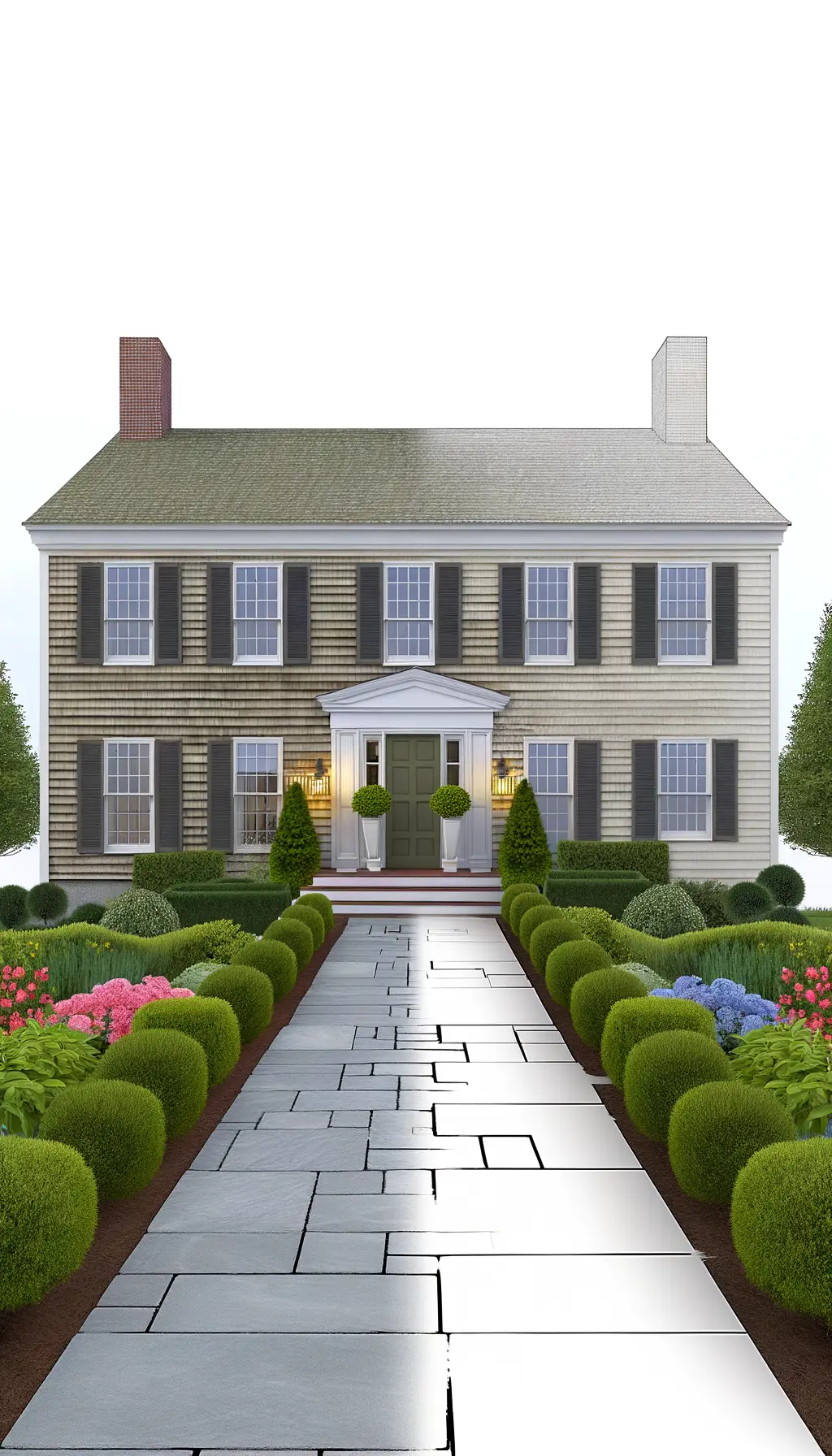 <p>Create a highly detailed and realistic image of a transformed Colonial-style house. The rectangular-shaped exterior of the house measures approximately 40 feet in width and 25 feet in height. The revamped entrance boasts a larger, friendlier porch area. Old windows have been exchanged for sleek, energy-efficient ones, and the siding has been updated with a refined neutral color. Stylish outdoor lighting fixtures have been added to the design, illuminating the beautifully landscaped path leading to the entrance. This path, flanked by precisely trimmed hedges and brightly colored flowering plants, accentuates the house’s curb appeal.</p>