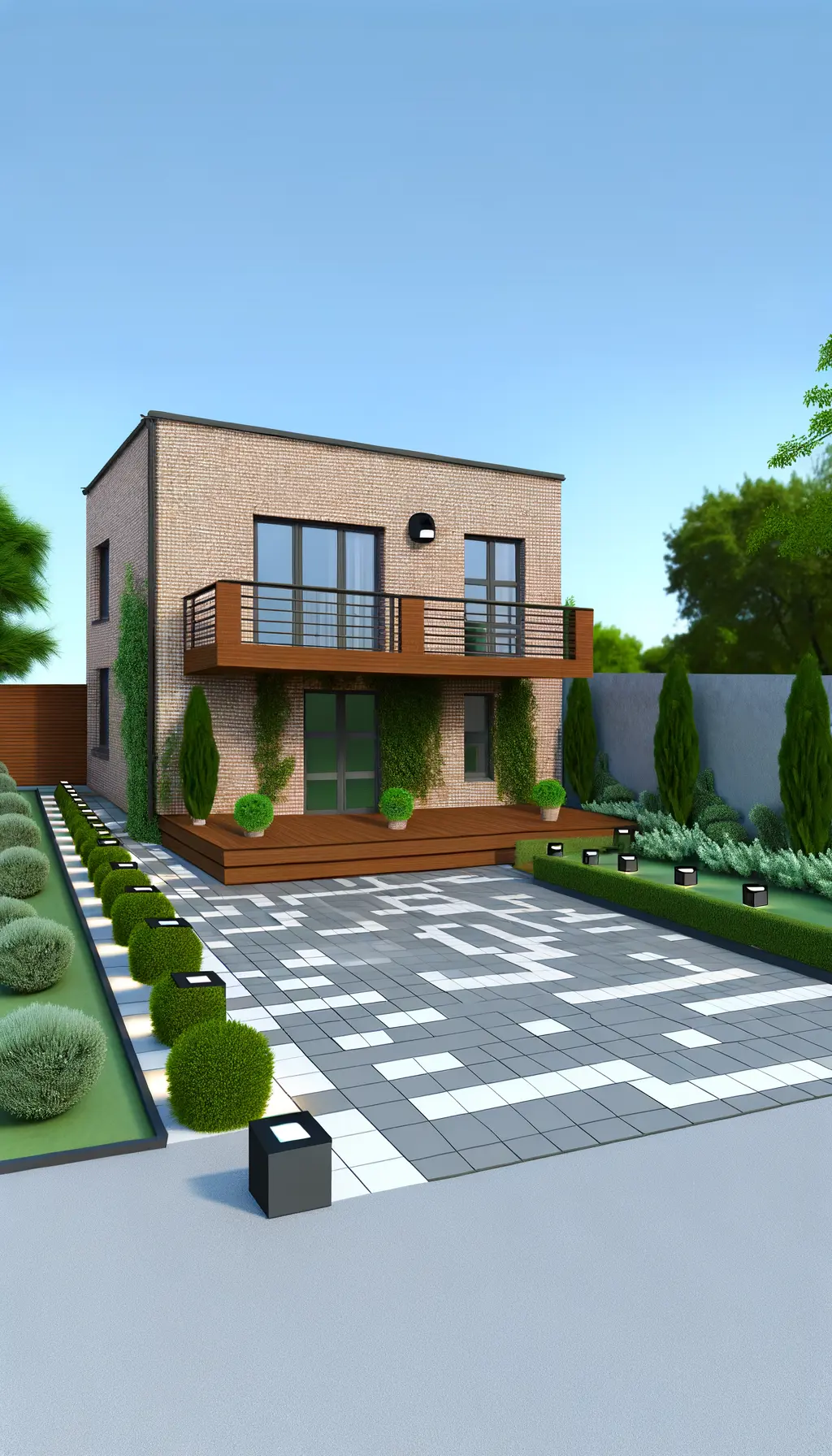 <p>Generate a realistic image that features the exterior of a renovated, two-story brick house that measures approximately 30 feet wide and 25 feet deep. The design should include a modern front porch with a wooden deck, smooth metal railings, and overhead lights. Around the house, envision a minimalist garden composed of meticulously pruned hedges and low-maintenance flora. In addition, depict a paved driveway characterized by contemporary geometric patterns and small built-in lights. The overall scene should present the home enveloped by lush, well-tended greenery under a cloudless sky.</p>