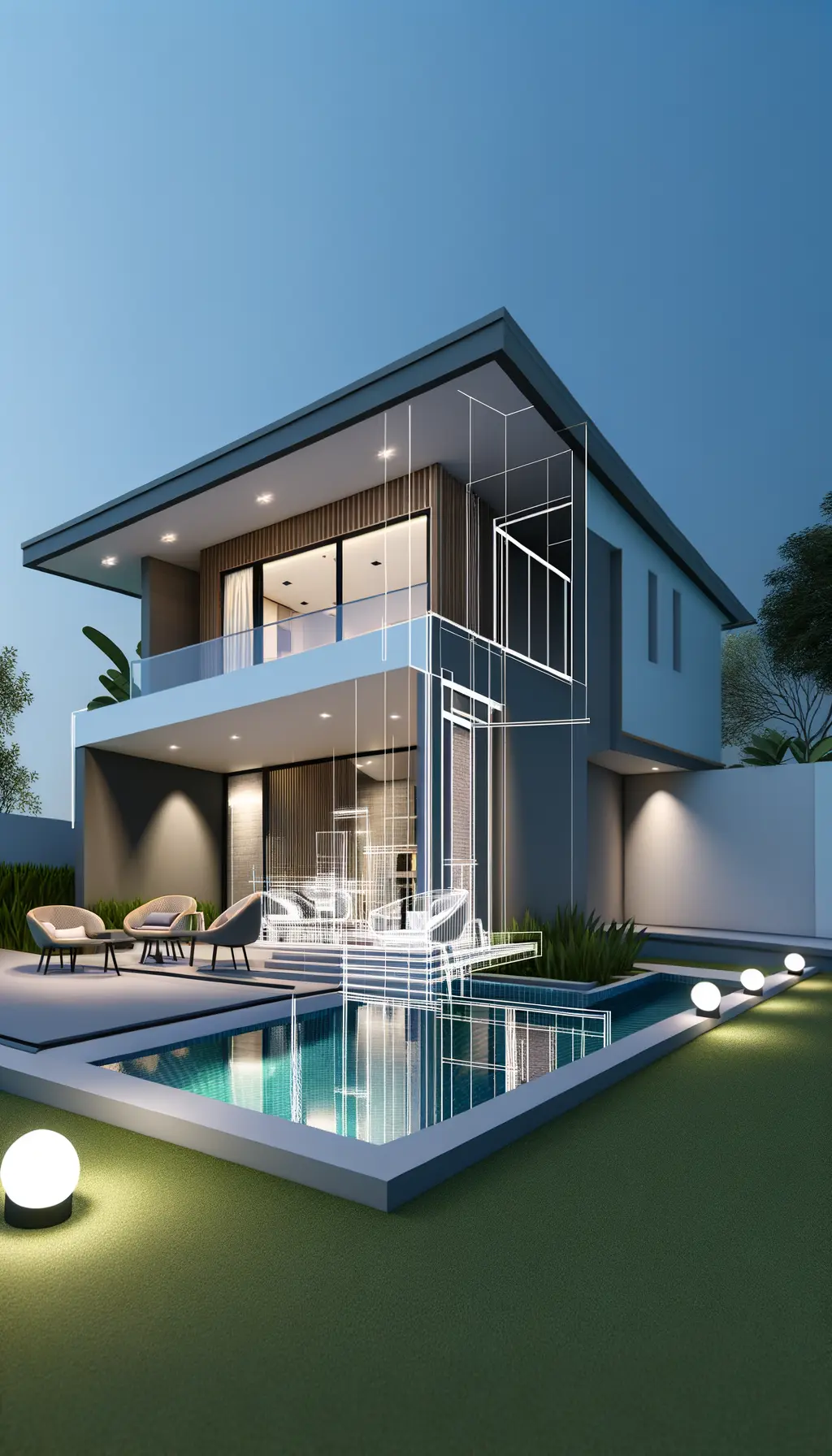 <p>Create an incredibly detailed and realistic image of a modern exterior home remodel. The house should have a sleek, contemporary design with a minimalistic facade and clean lines; the dimensions should be around 15 feet in width and 20 feet in length. The house should have large glass windows to optimise natural lighting. There should be a small landscaped garden with modern outdoor seating in front of the house. Soft lighting fixtures should be placed strategically to highlight the architectural details of the house. Please include a detail that suggests the project adheres to a budget exceeding $25,000, and an illustrated calendar or clock indicating a project timeline of six months.</p>