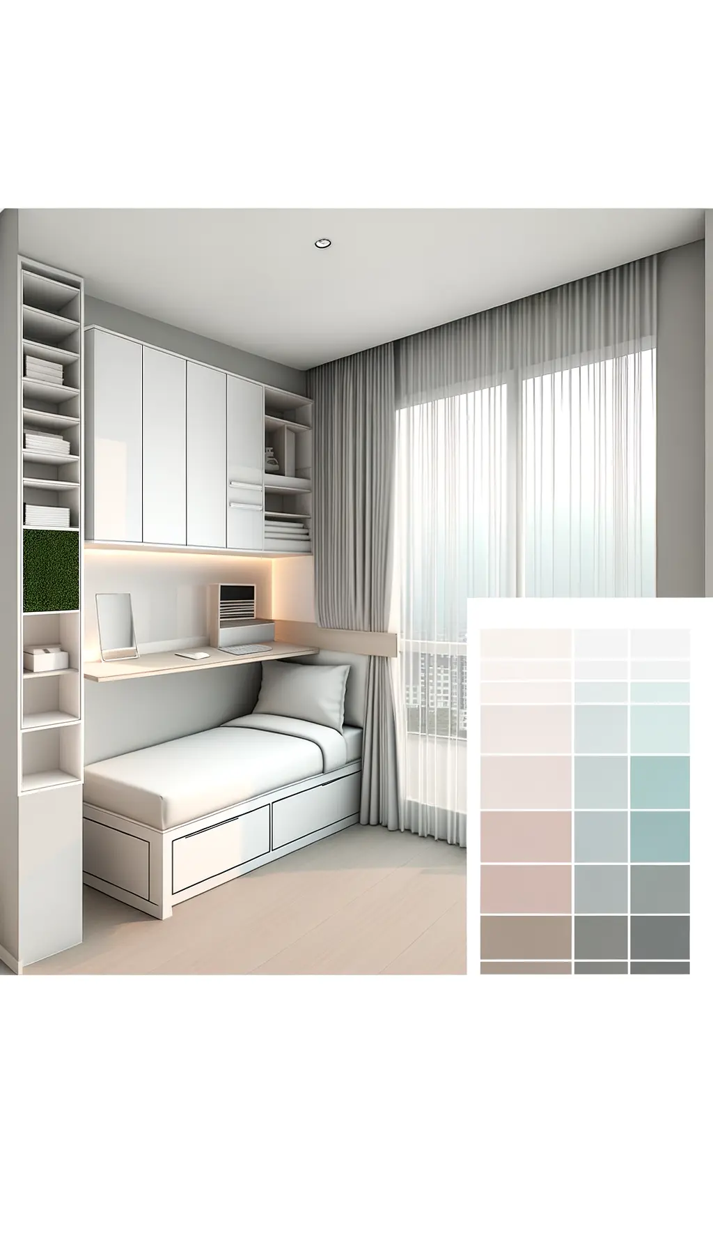 <p>Craft a highly realistic image showcasing a modern, minimalist design of a 9 square meter bedroom. The room should include a built-in wall desk along with well-organized shelving units, and a compact single bed that incorporates storage space beneath it. Additionally, the room should be adorned with sleek, light-colored curtains, which allow a soft natural light to filter in. The color palette for this space should consist of soft pastel hues, and should creatively incorporate elements of greenery for a hint of freshness.</p>