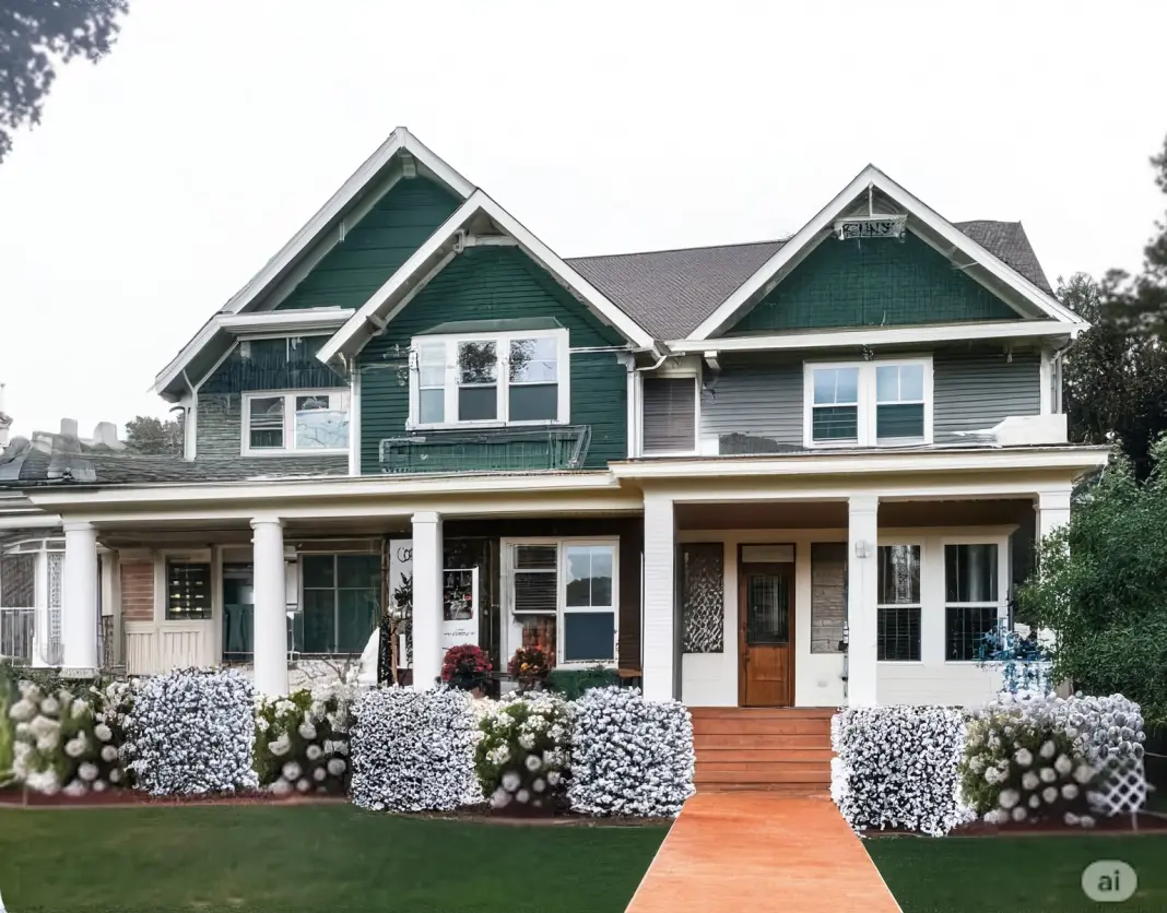 Exterior Remodel with Dark Green Siding and Wooden Accents