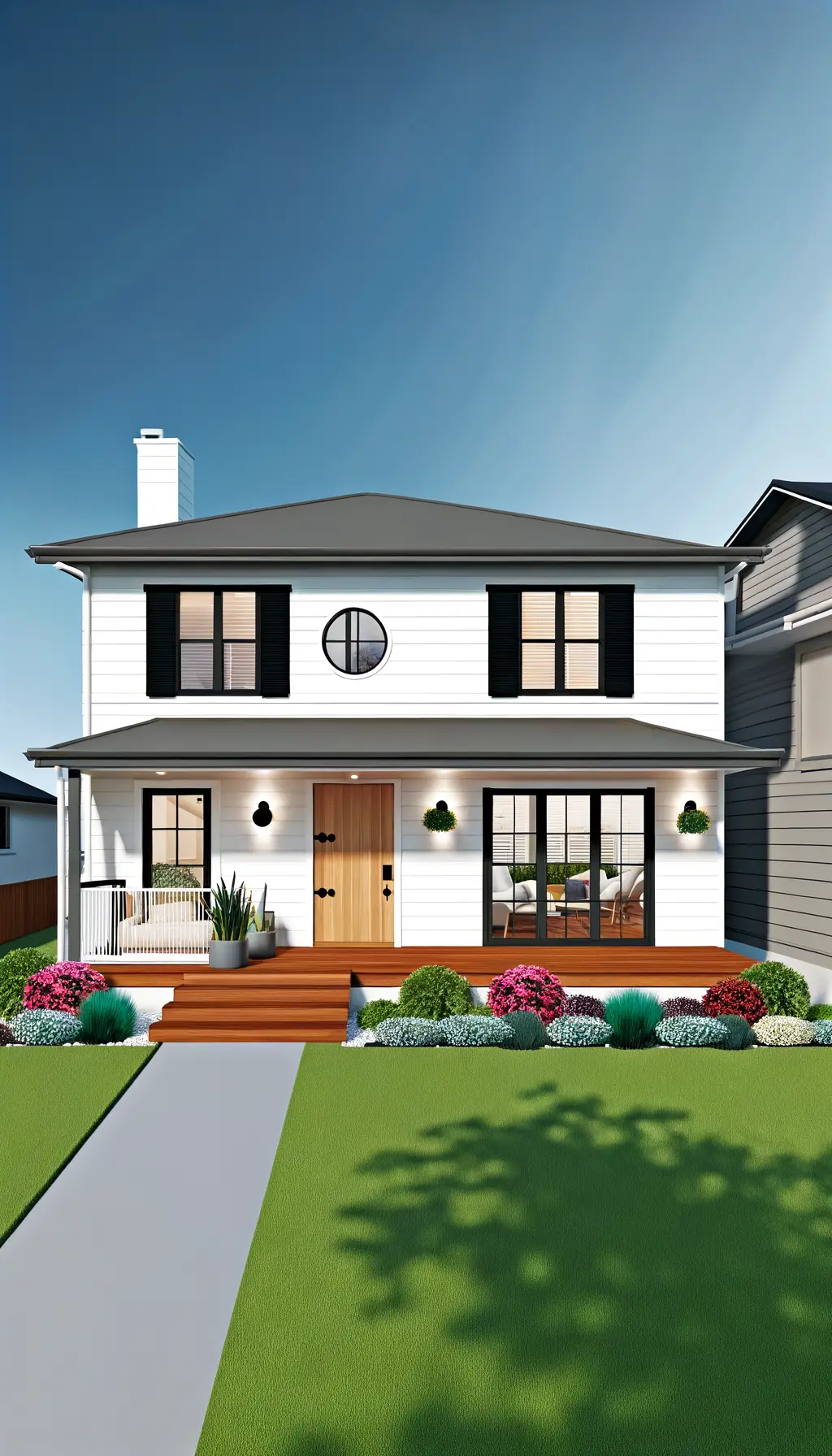 <p>Create a highly realistic picture that showcases a stylish and inviting exterior renovation of a two-story suburban house covering around 2,000 square feet. This house features a crisp white paint job which contrasts with the fashionable black window frames, completed with a sophisticated wooden front door. Add some sleek modern light fixtures and a porch that boasts sleek design adorned with wooden decking. Include a well-maintained, minimalistic garden teeming with carefully trimmed hedges and an array of vibrant flowers. Illustrate an open and sunny front lawn boasting carefully positioned landscape lighting.</p>