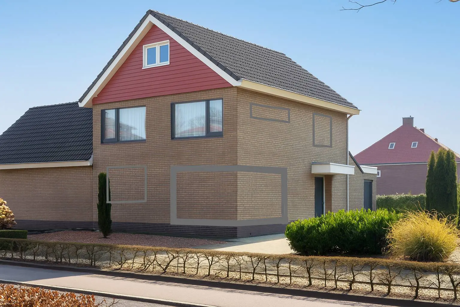 <p>Generate a highly realistic image of a modern house exterior remodel. The house should be similar in size to a typical two-story, single-family home. It should feature large updated windows with black frames, a sleek wooden front door equipped with a smart lock, and stone veneer accents on the lower half of the walls. Other aspects to include are modern siding made from mixed materials, a newly installed outdoor path accentuated with LED lighting, and an enhanced landscaping incorporating drought-tolerant plants.</p>