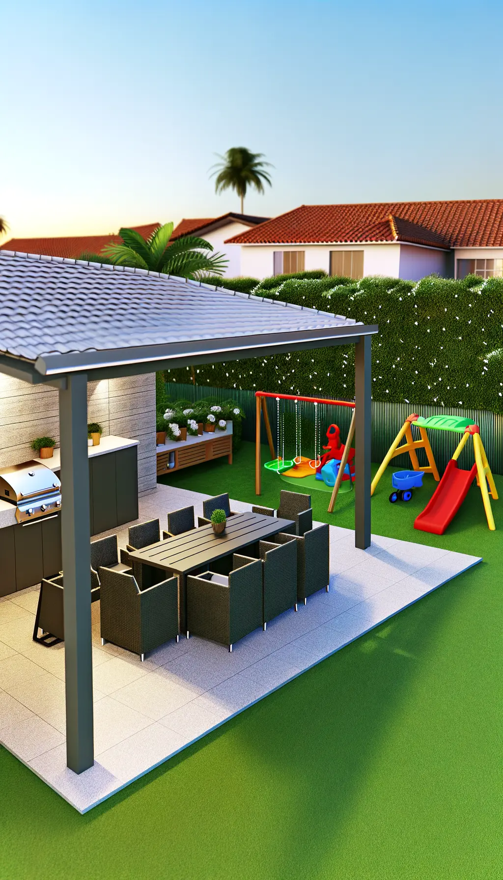 <p>Generate a high realism art piece of a modern backyard patio design. The patio measures approximately 20x15 feet and includes an outdoor kitchen, dining zone, and a children's play area. The furniture is sleek and modern, featuring an outdoor barbecue grill under a shaded pergola. Lush, well-maintained grass surrounds a children's play area, colorfully designed with safety in mind, including swings and a sandbox. The entire scene is cozily nestled within a beautifully landscaped yard, thus providing a functional outdoor living space.</p>