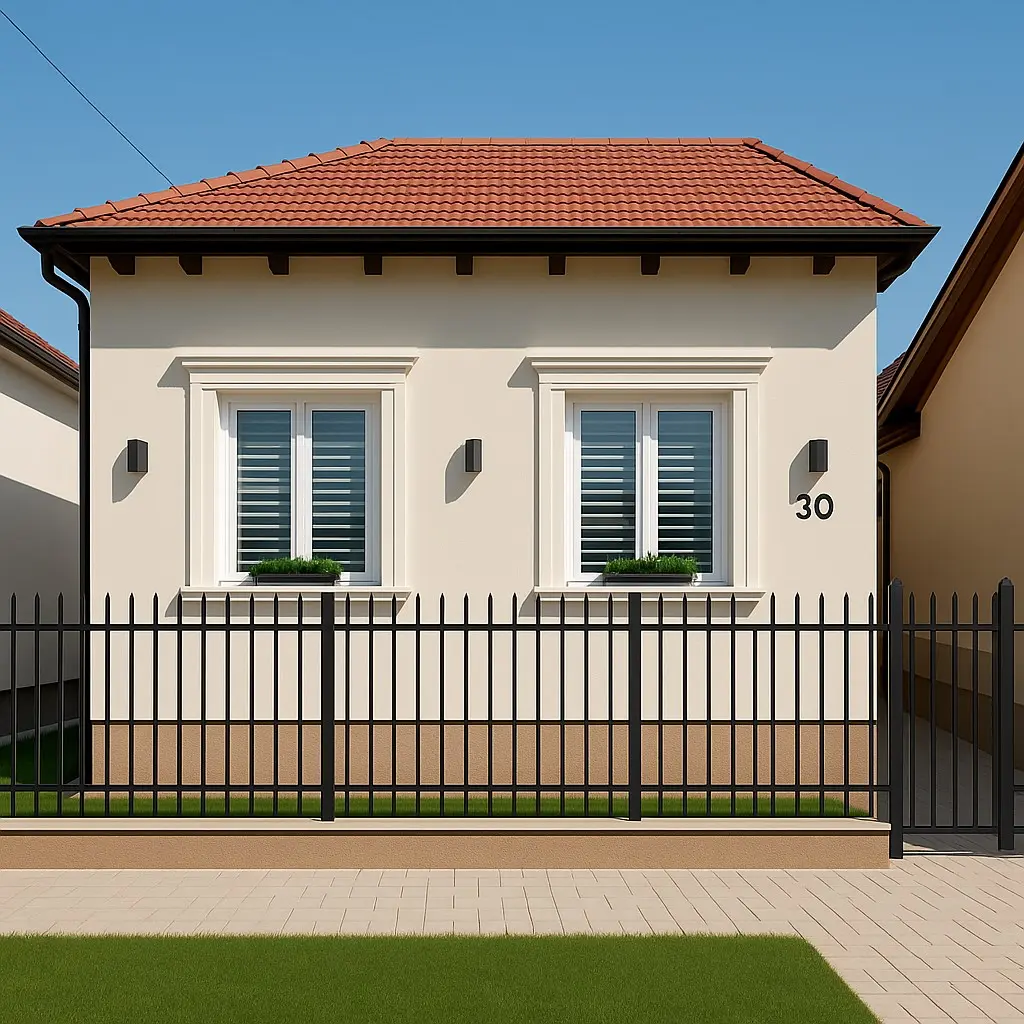<p>Generate a realistic image of a traditional exterior home design. The building sports a façade that is approximately 20 feet wide and comprised of an upper and lower section. The upper façade boasts a smooth acrylic plaster finish in a light cappuccino color (RAL 1017), while the lower plinth, standing at a height of 80 cm, is colored in café latte (RAL 1027). The window frames are designed in a classical style with decorative profiles, painted in a clean white color (RAL 9003). In front of the house, there's a black metal fence, along with patches of green lawn. The roof of the house is covered with reddish-brown tiles. The sky above this charming house is decisively clear and blue.</p>