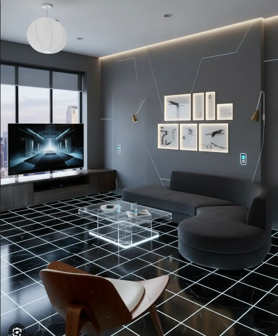 Futuristic Living Room Design: Black Marble & LED Accents