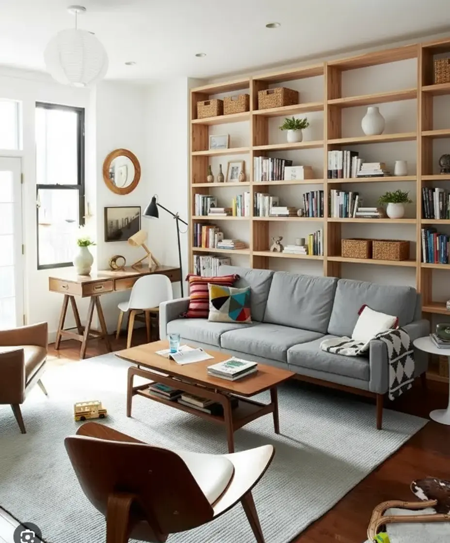 Scandinavian Living Room Remodel with Library – Design & Functionality