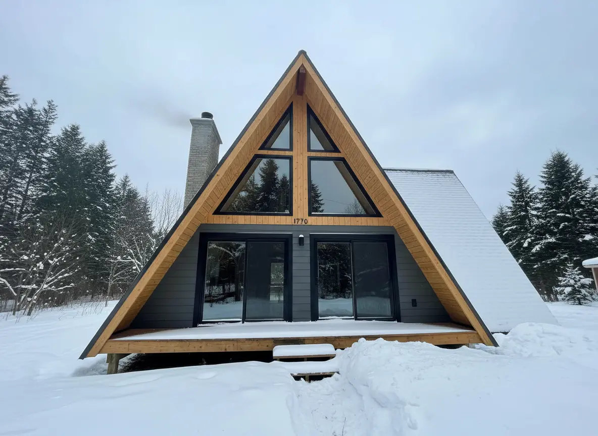 A-Frame House Exterior Remodel: Scandinavian Design with Patio Doors and Triangular Windows