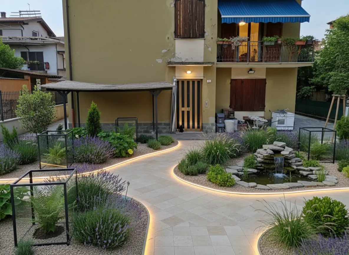 Garden Renovation: Beige Stone Pathways and Glass Enclosures